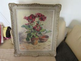 Tableau fleurs rouges, cadre décoratif peint à la main.