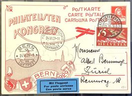 1929 / Illustr. Flugpostkarte Philatelisten Kongress Bern