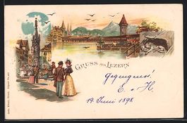 Litho Luzern, Marktplatz mit Brunnen, Or