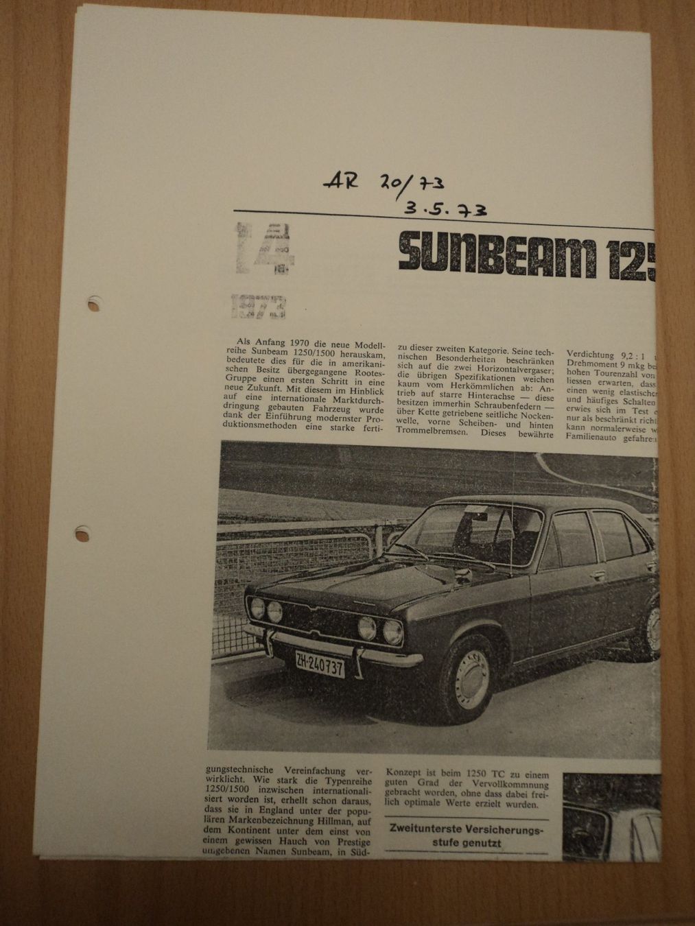 Documenti: Prospekt Test AR Sunbeam 1250 TC von 1973 – Usato da Schwarzenburg venduto da modelCARama 2