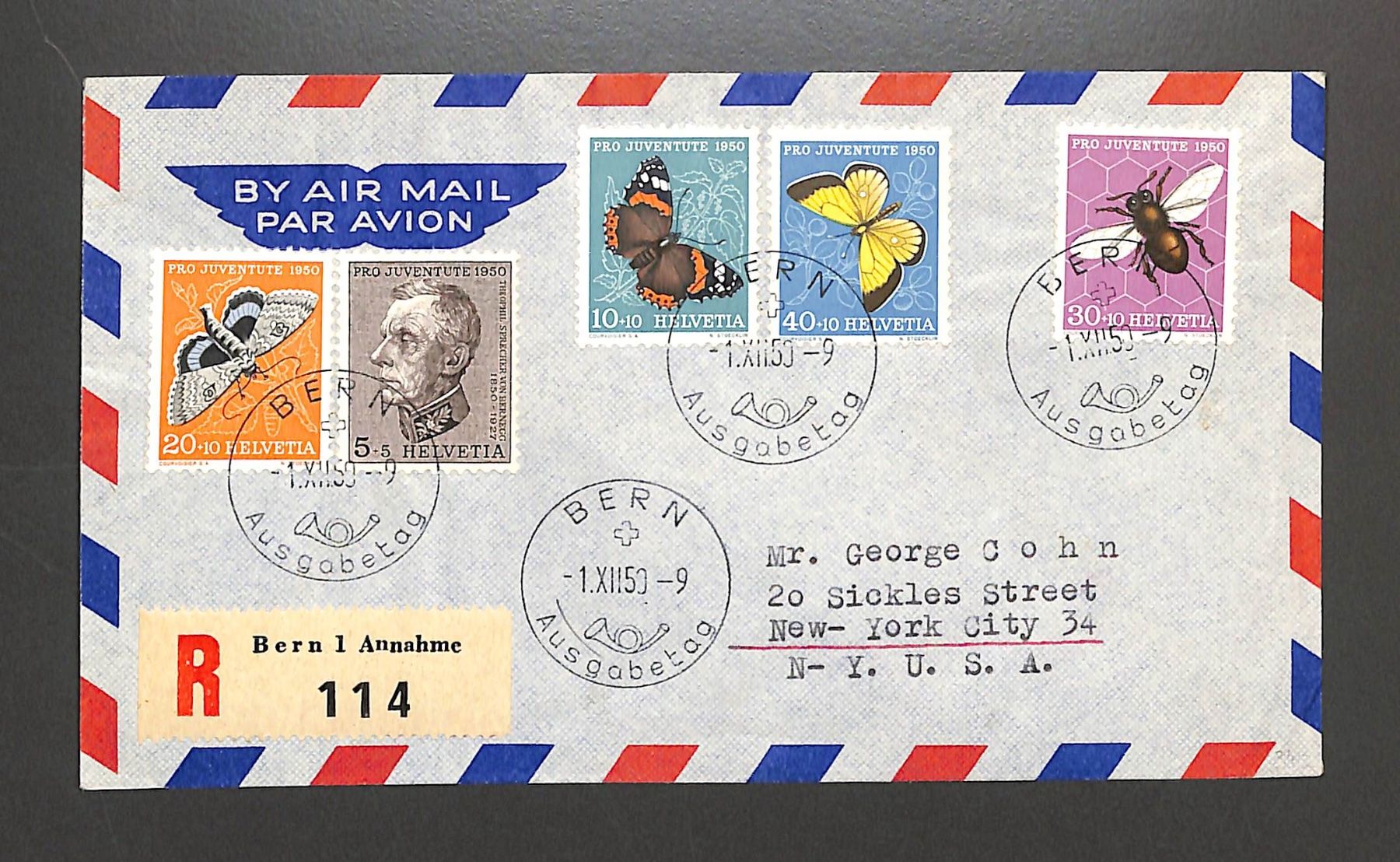 Tutti i francobolli: 1950 FDC Pro Juventute Ersttagsbrief "DEUTSCH" Luftpost – Usato da Zürich venduto da Nobs1