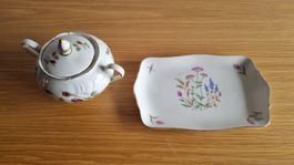 Porzellan-Zuckerdose mit Deckel & Servierplatte vintage