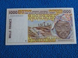 1000 Francs, (T Togo), Seltene Banknote aus West Afrika, UNC