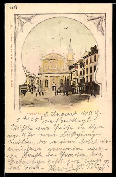 Cartoline postali: Yverdon, Platz mit Kirche, Ornament-Rahm – Usato da Berlin venduto da bartko-reher