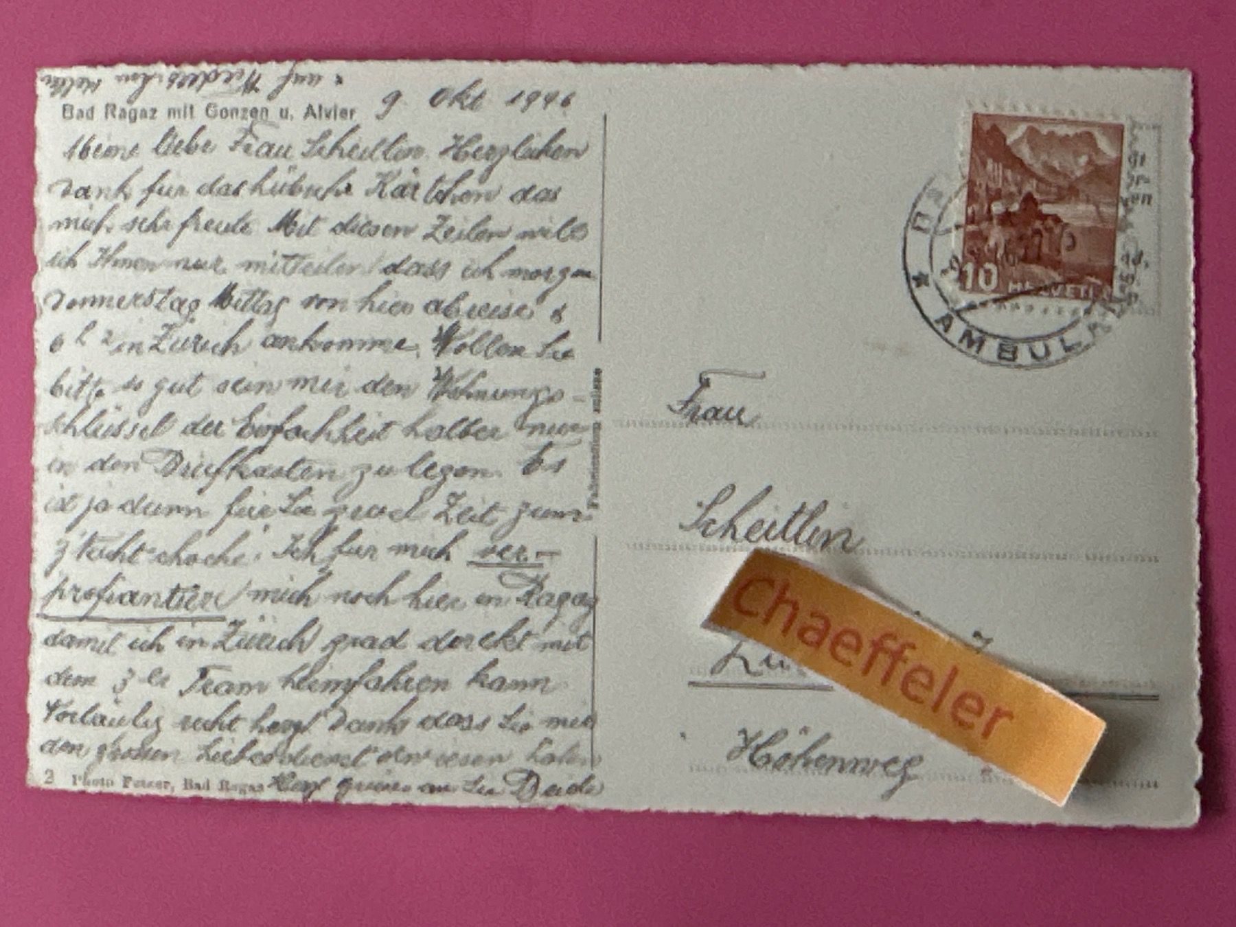 Cartoline postali: 1946 Bad Ragaz mit Gonzen u. Alvier – Usato da Zürich venduto da Chaeffeler 1