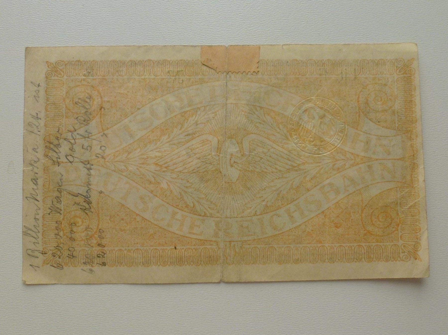 Banknoten: Deutsche Reichsbahn ++ 1 Billion Mark 1923 – Gebraucht aus Walkringen von Casablanca777 1