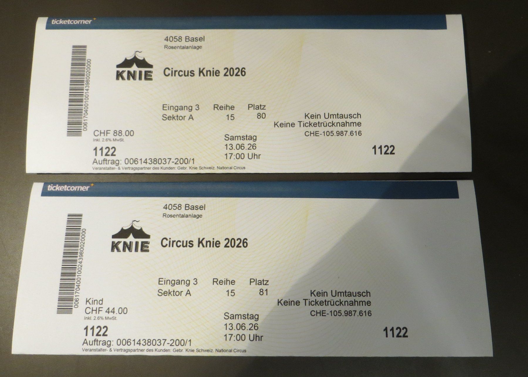 Tickets: Zirkus Knie Billette 13.06.26 Basel – Neu und originalverpackt aus Lausen von Ergolztaler