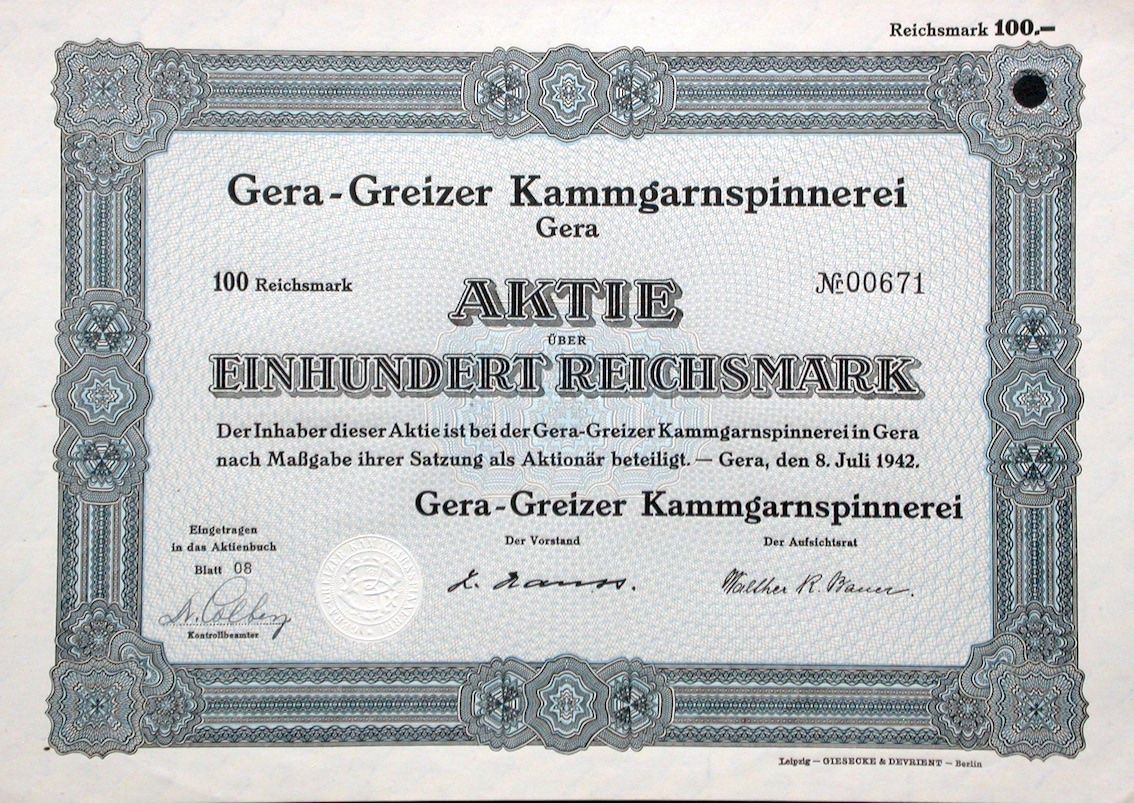 Documenti: Gera-Greizer Kammgarnspinnerei, Gera - 1942 – Usato da Solothurn venduto da Sgasche