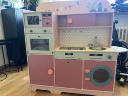 Kids play kitchen and bag of food/pans/baskets/utensils