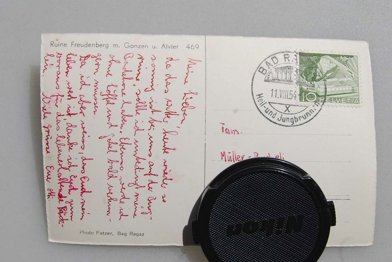 Cartoline postali: AK Ruine Freudenberg mit Gonzen 1954 – Usato da Rüfenacht BE venduto da Toro06 1