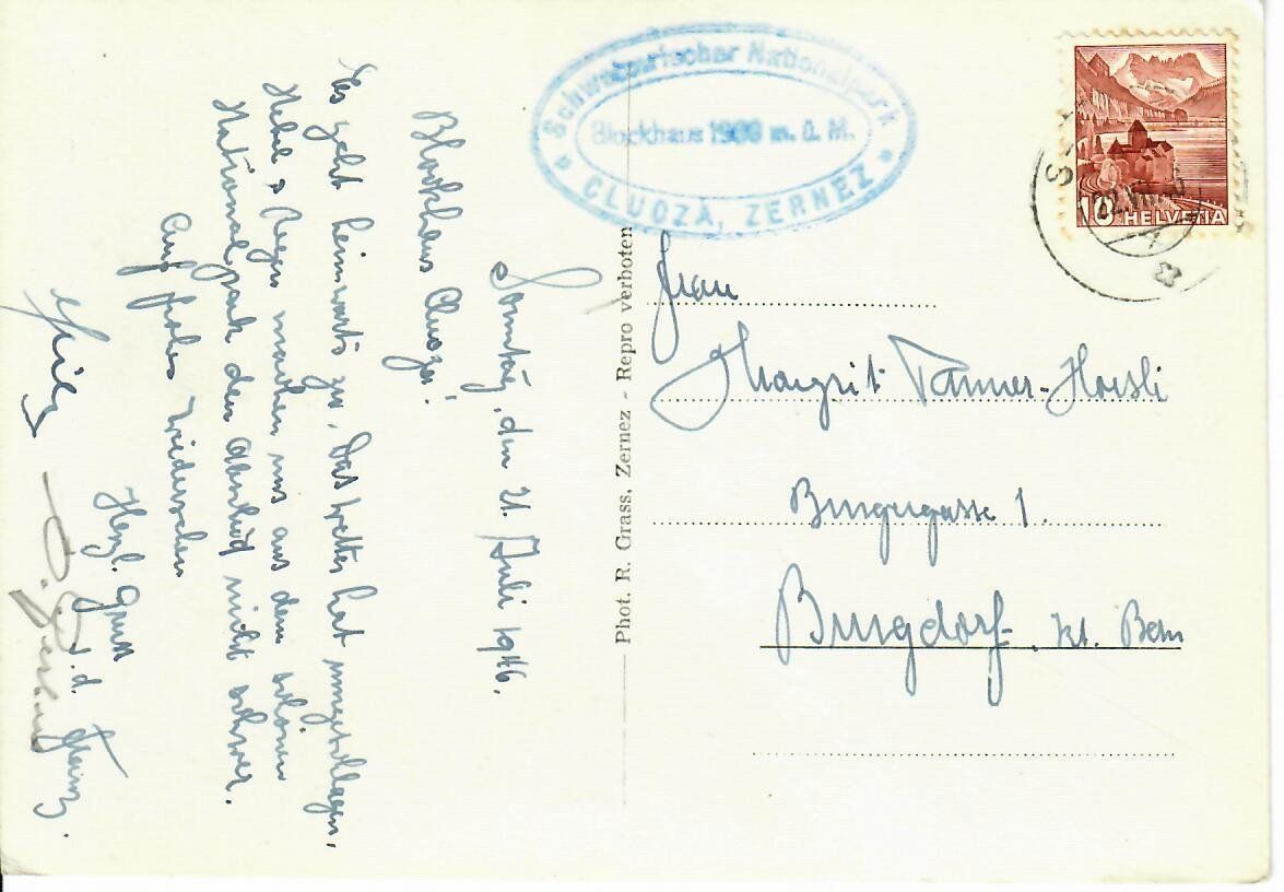 Cartoline postali: Cluozatal - Zernez  1946 – Usato da Hochdorf venduto da Ziegel-16 1
