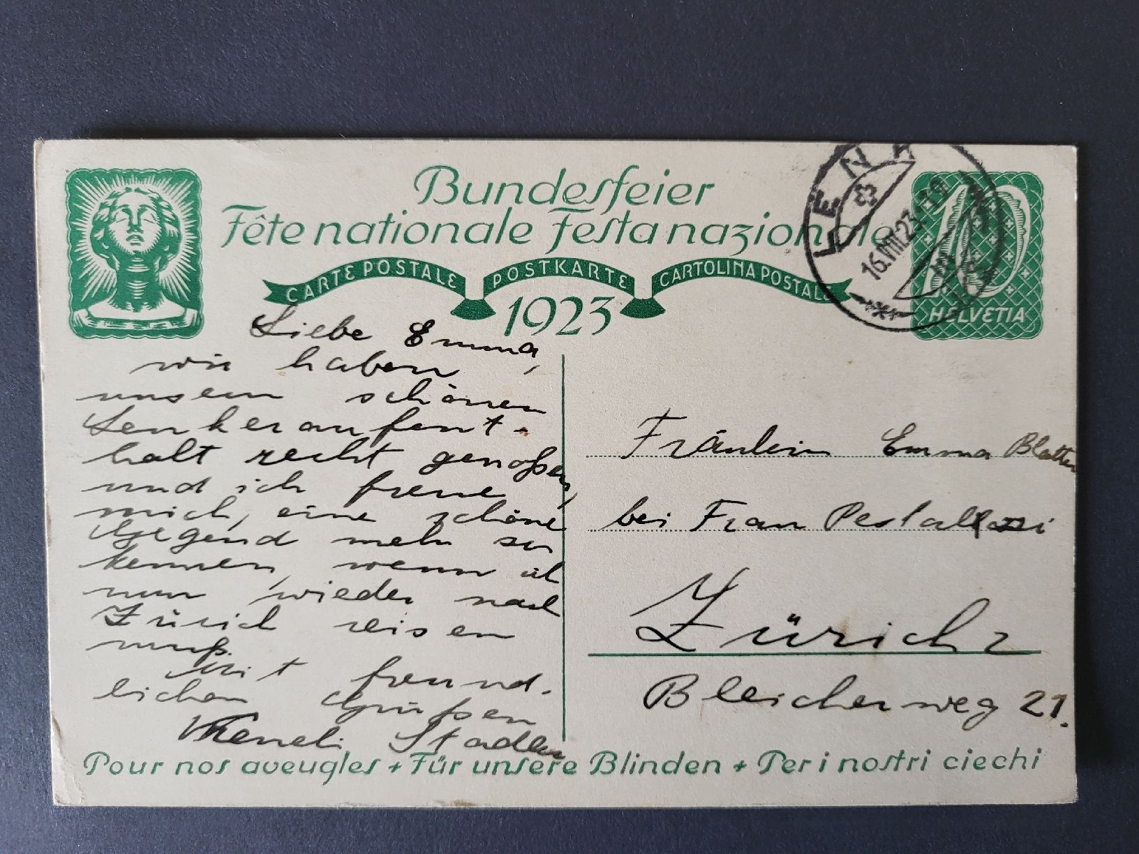 Tutti i francobolli: 1923, Bundesfeierpostkarte Nr.37 – Usato da stäfa venduto da brandy66 1
