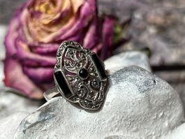 Vintage Art Deco Ring Silber 925 m. Onyx u. Markasiten 55,5