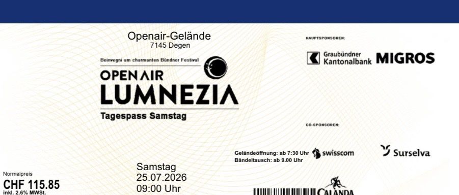 Biglietti: Open Air Lumnezia SA 25.7.2026 – Nuovo e nell'imballaggio originale da Dübendorf venduto da janymueller
