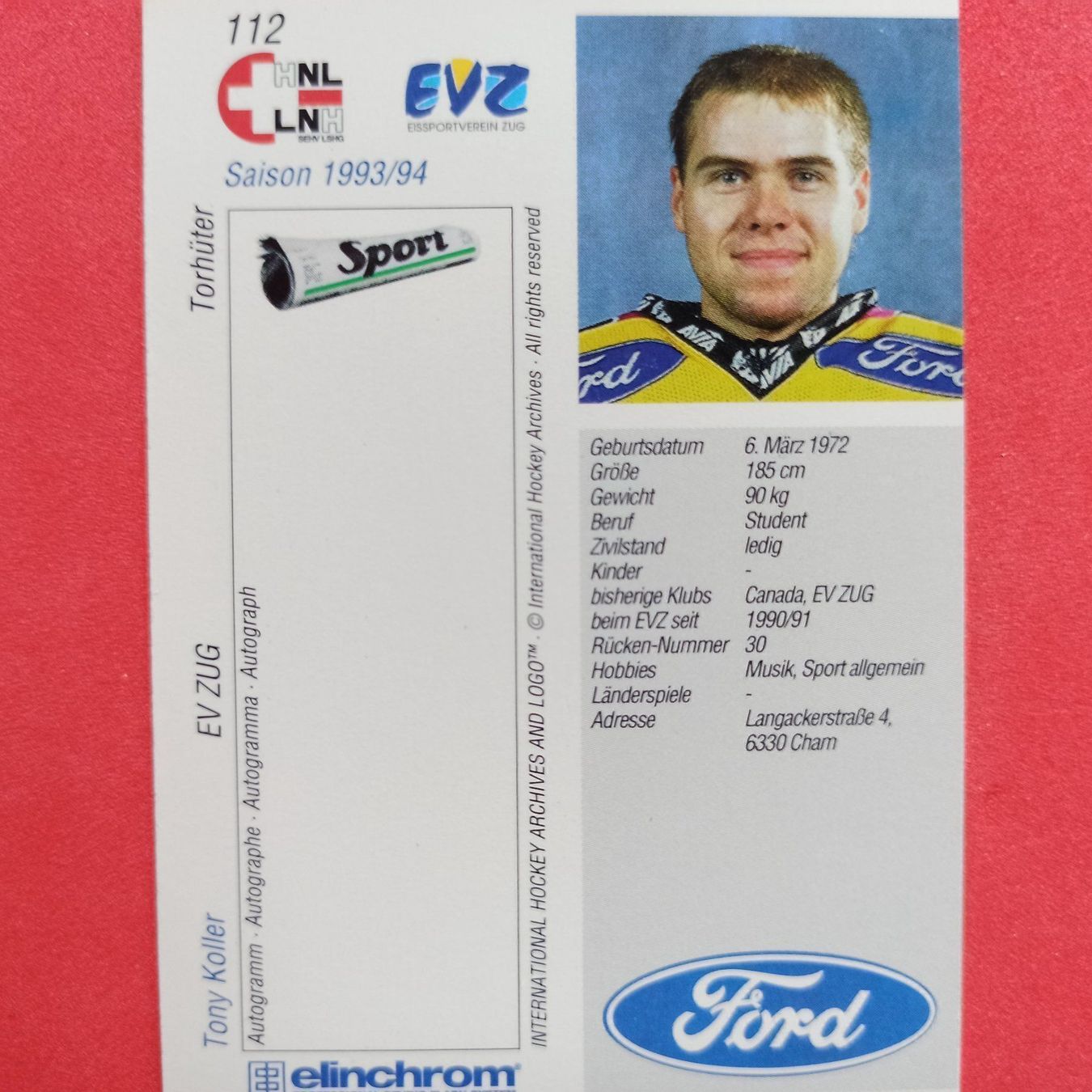 Carte collezionabili: Tony Koller - EVZ - 1993/94 – Usato da Dübendorf venduto da kb86_MOVIE 1