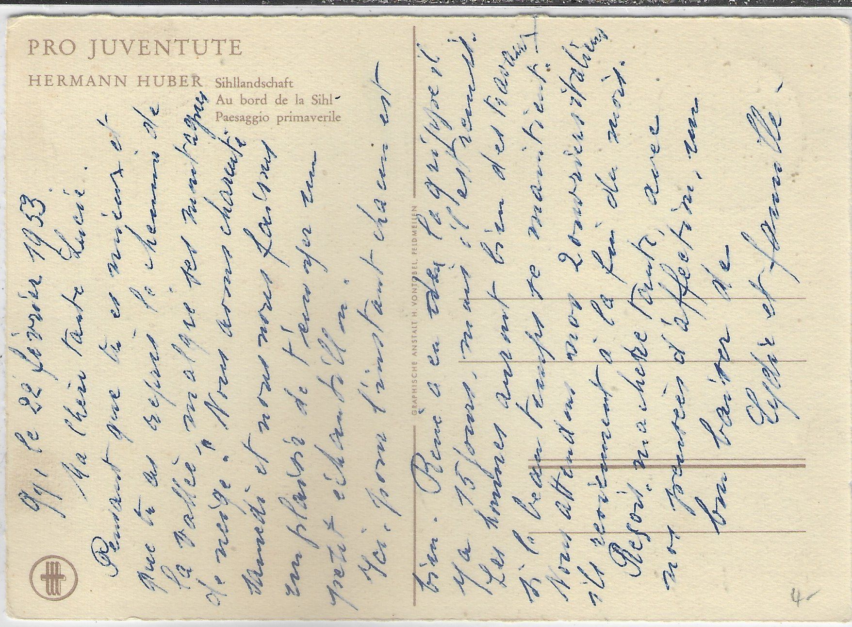 Cartoline postali: Pro Juventute - Sihllandschaft - Hermann Huber – Usato da Ettingen venduto da Kartenplanet 1