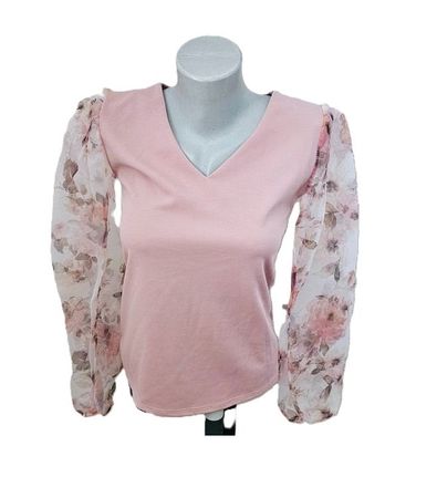 Blusen Shirt Gr. M Rosa mit transparenten Ärmeln floral