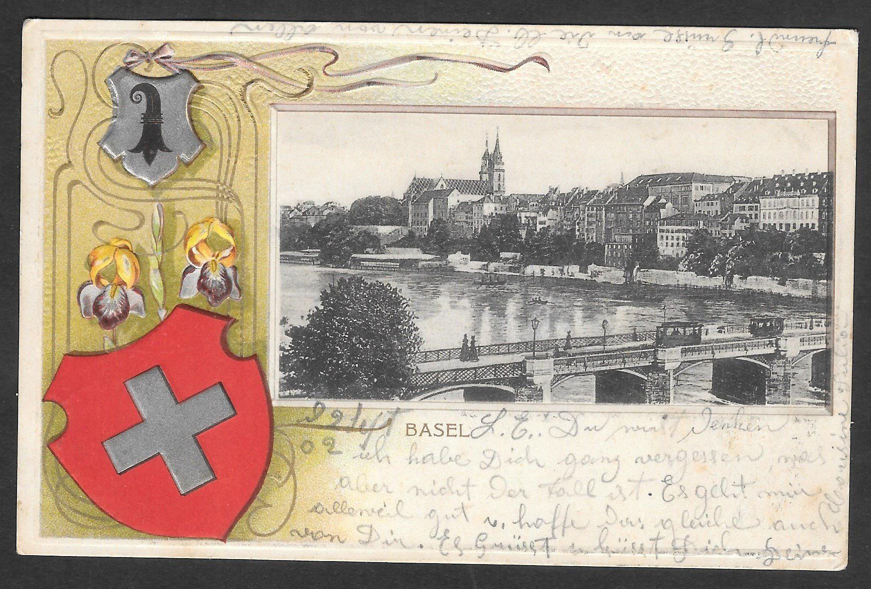 Cartoline postali: Basel Teilansicht mit Trams Prägekarte mit Wappen – Usato da Olten venduto da clotaldi