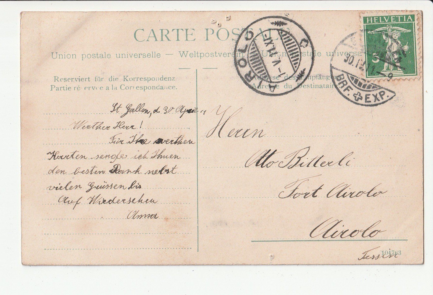 Cartoline postali: St. Gallen Kath. Gesellenhaus – Usato da Rheineck venduto da rhynegg 1