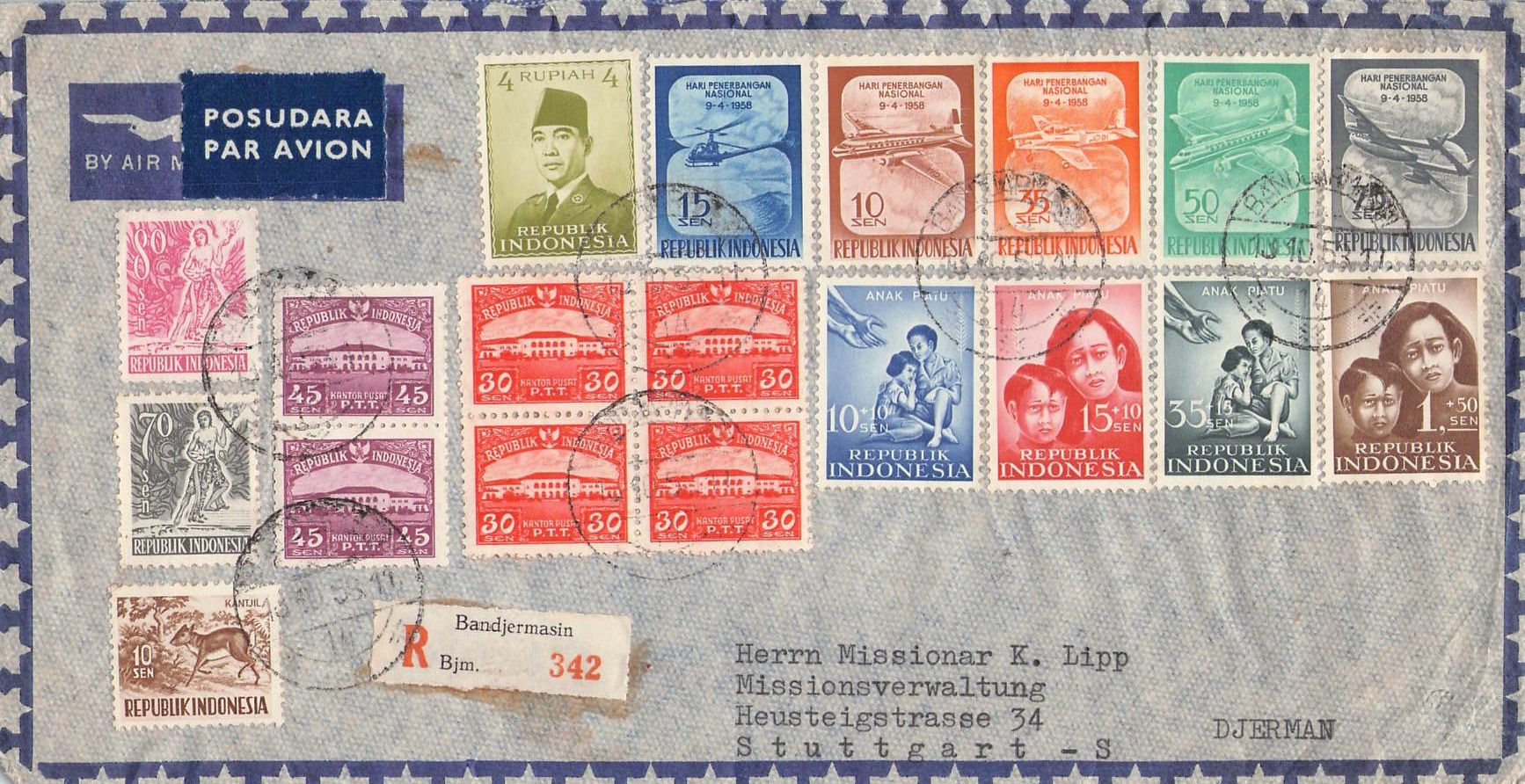 Tutti i francobolli: Flugbrief Indonesien - Stuttgart , 13.10.1953 – Usato da Reichenburg venduto da Pipo-67
