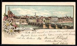 Lithographie Basel, Ortsansicht mit Fluss und Brücke