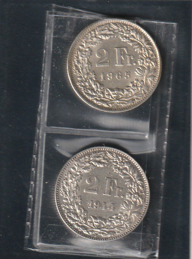 Tutti le monete: 2 x 2 Franken 1944 und 1965 – Usato da Rorschacherberg venduto da fratovi2