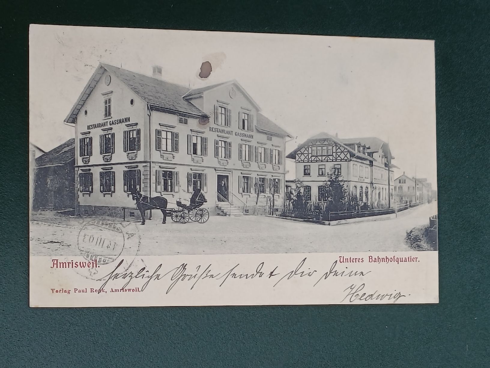 Cartoline postali: Alte PK / Amrisweil - Restaurant Gassmann Bahnhof - 1903 – Usato da Brugg AG venduto da Ente015