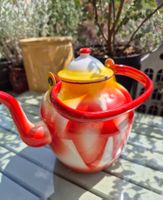 Vintage Emaille Teekanne, Rot/Weiss/Gelb, rar