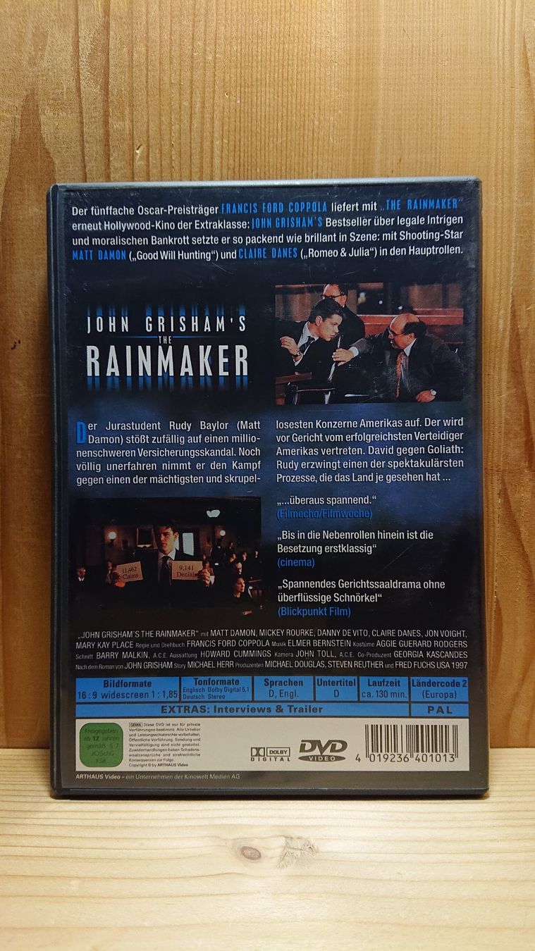 Tutti i DVDs: THE RAINMAKER Der Regenmacher DVD mit Matt Damon – Usato da Wilderswil venduto da Exebub 1