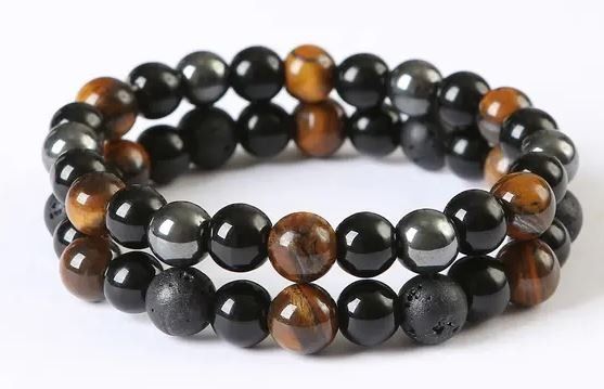 AstraGlam Dreifach Schutz Armband Mit 8mm Blau Tigerauge, Schwarzer Obsidian Und Hämatit – Stärke, Schutz & Balance Für Herren Damen, Geschenk Zu Muttertag, Vatertag, Weihnachten Oder Jubiläum