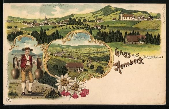 Ansichtskarten: Litho Hemberg /Toggenburg, Ortsansicht,  – Gebraucht aus Berlin von bartko-reher