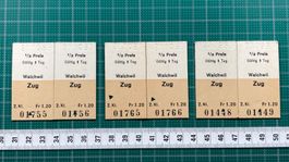 Walchwil - Zug, alte Bahn Billette, 3 "Paare", 1983, SBB