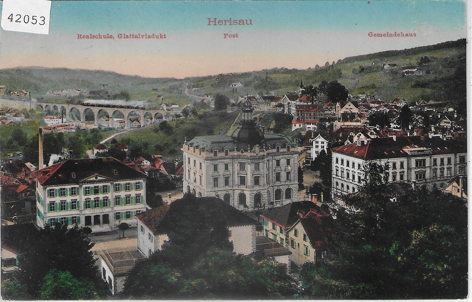 Cartoline postali: Herisau - Realschule, Post, Gemeindehaus - Litho – Usato da Ettingen venduto da Kartenplanet