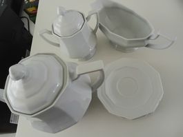 White Porcelain Tea Pot, Saucer, Sugar Pot & 4 coffee plates