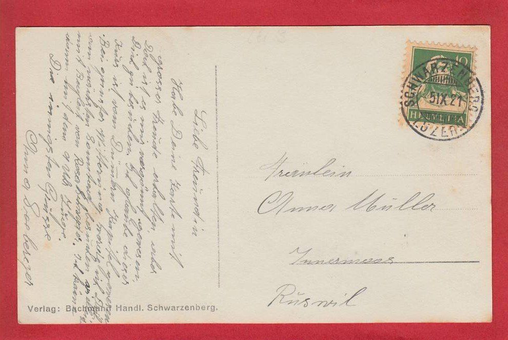 Cartoline postali: SCHWARZENBERG 1921 – Usato da Grüningen venduto da Kartenlaube 1