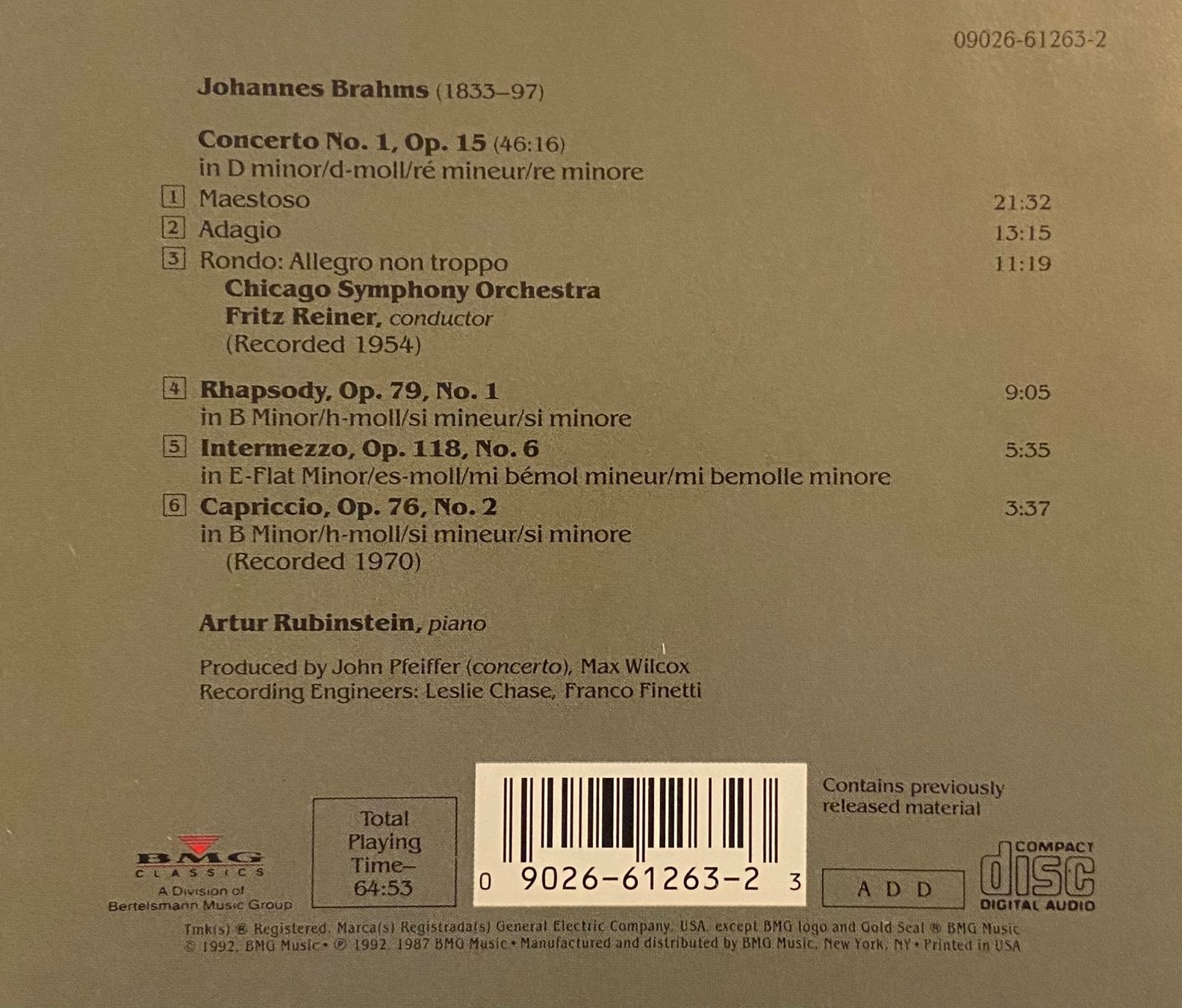 CDs: Brahms CD Klavierkonzert Artur Rubinstein • Chicago Symphony – Gebraucht aus Luzern von Lycka 1
