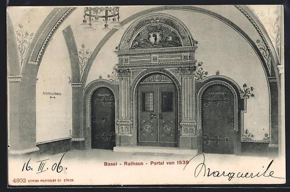 Cartoline postali: AK Basel, Rathaus, Portal, 1906 – Usato da Berlin venduto da bartko-reher