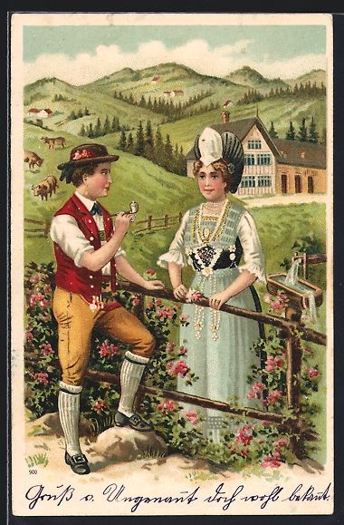 Ansichtskarten: Lithographie Schweizer Paar in Tracht – Gebraucht aus Berlin von bartko-reher