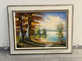 89 cm breitx 68 cm hoch Öl Gemälde Herbst am Bielersee