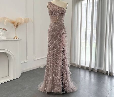 Abendkleid pailletten federbesatz asymmetrisch Neu