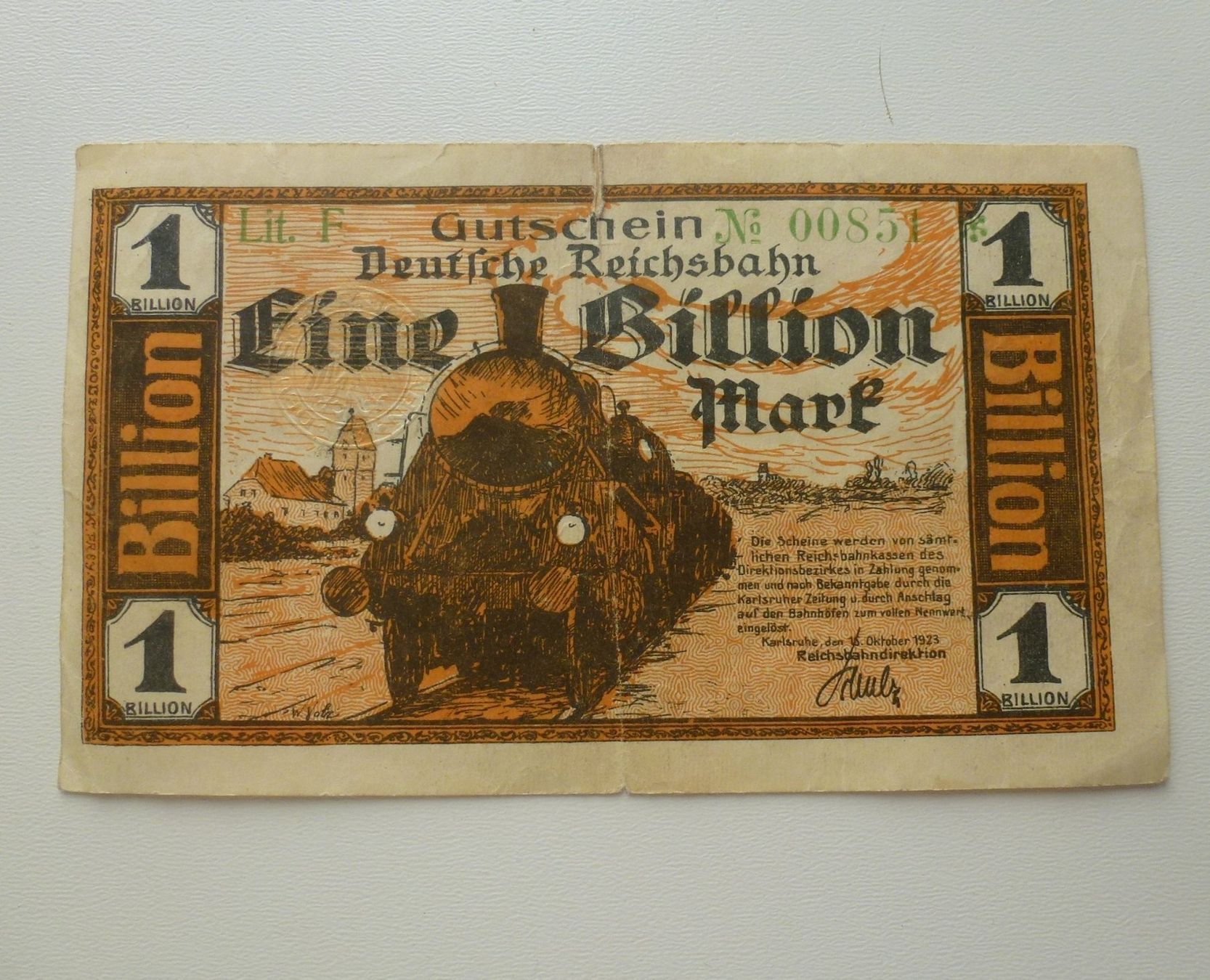 Banknoten: Deutsche Reichsbahn ++ 1 Billion Mark 1923 – Gebraucht aus Walkringen von Casablanca777