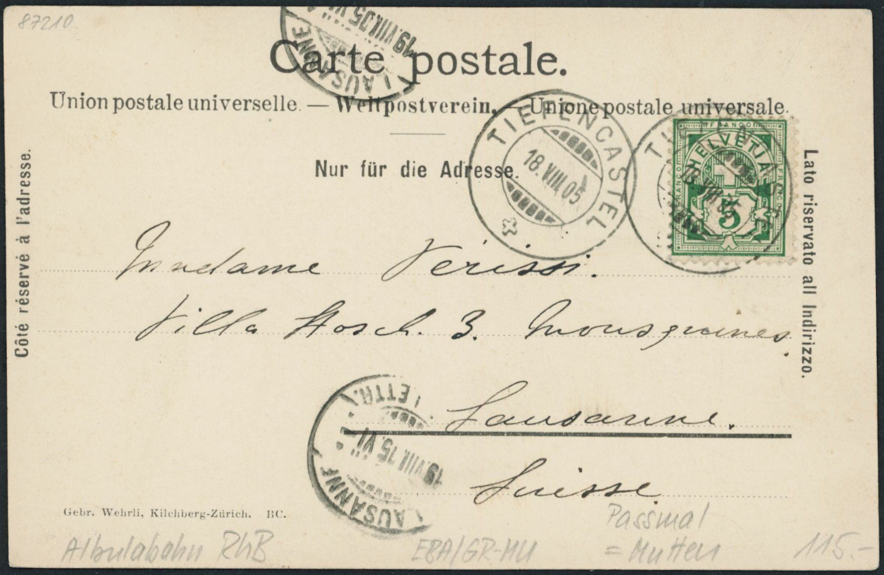 Cartoline postali: GR Passmal - Mutten - Albula Rhätische Bahn RhB – Nuovo (secondo la descrizione) da Schindellegi venduto da leecollect 1
