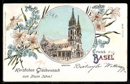 Lithographie Basel, Münster im Winter, Blumen, Glitter, Reli