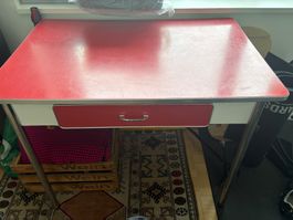 Design retro Schreibtisch mit roter Platte & Schublade ...