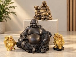 4x Buddha / Budai Dekofiguren – Gold, Bronzeoptik & Schwarz