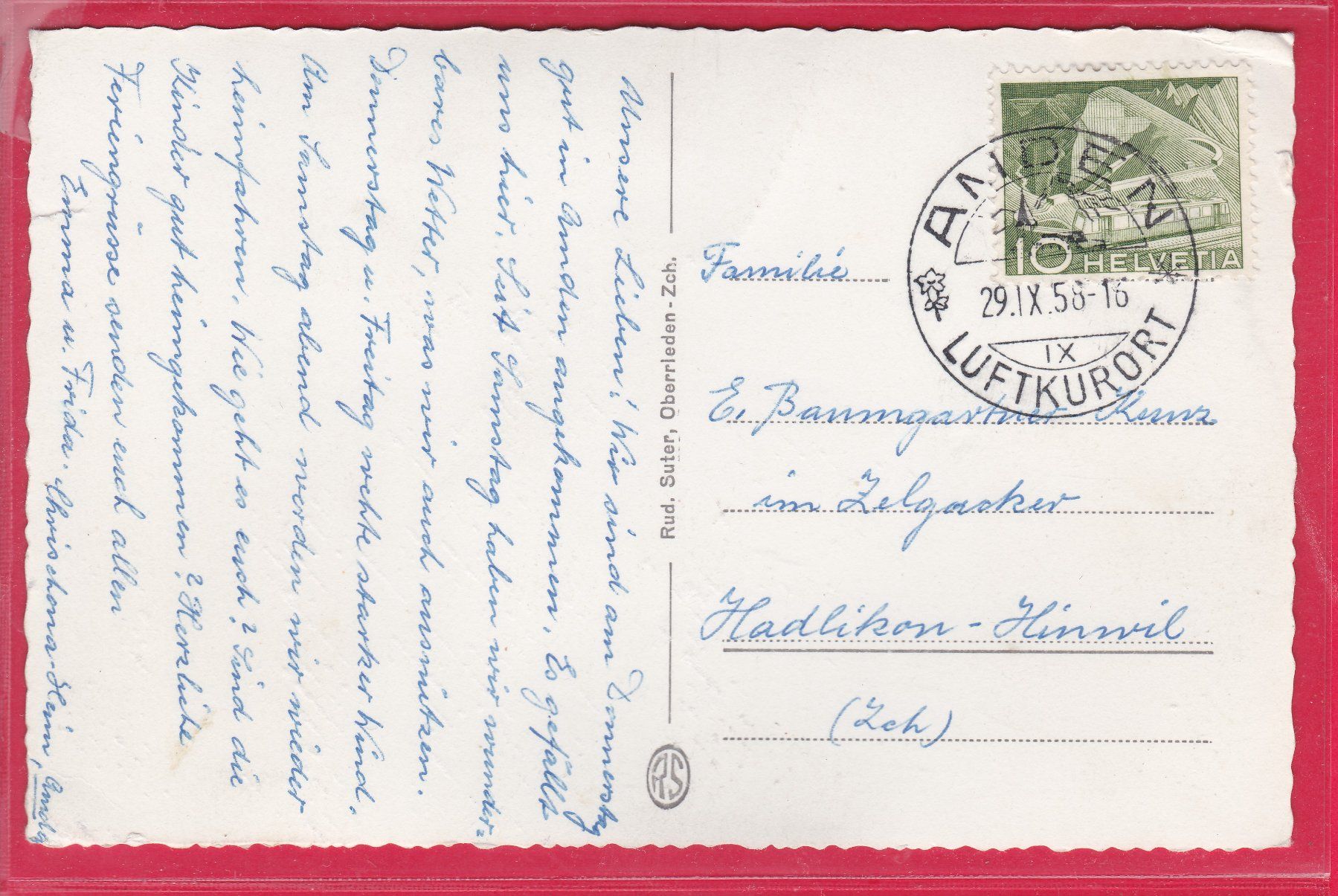 Cartoline postali: AMDEN MIT LEISTKAMM, 29.9.1958 – Usato da Oberrieden venduto da Gebirgsstelze 1