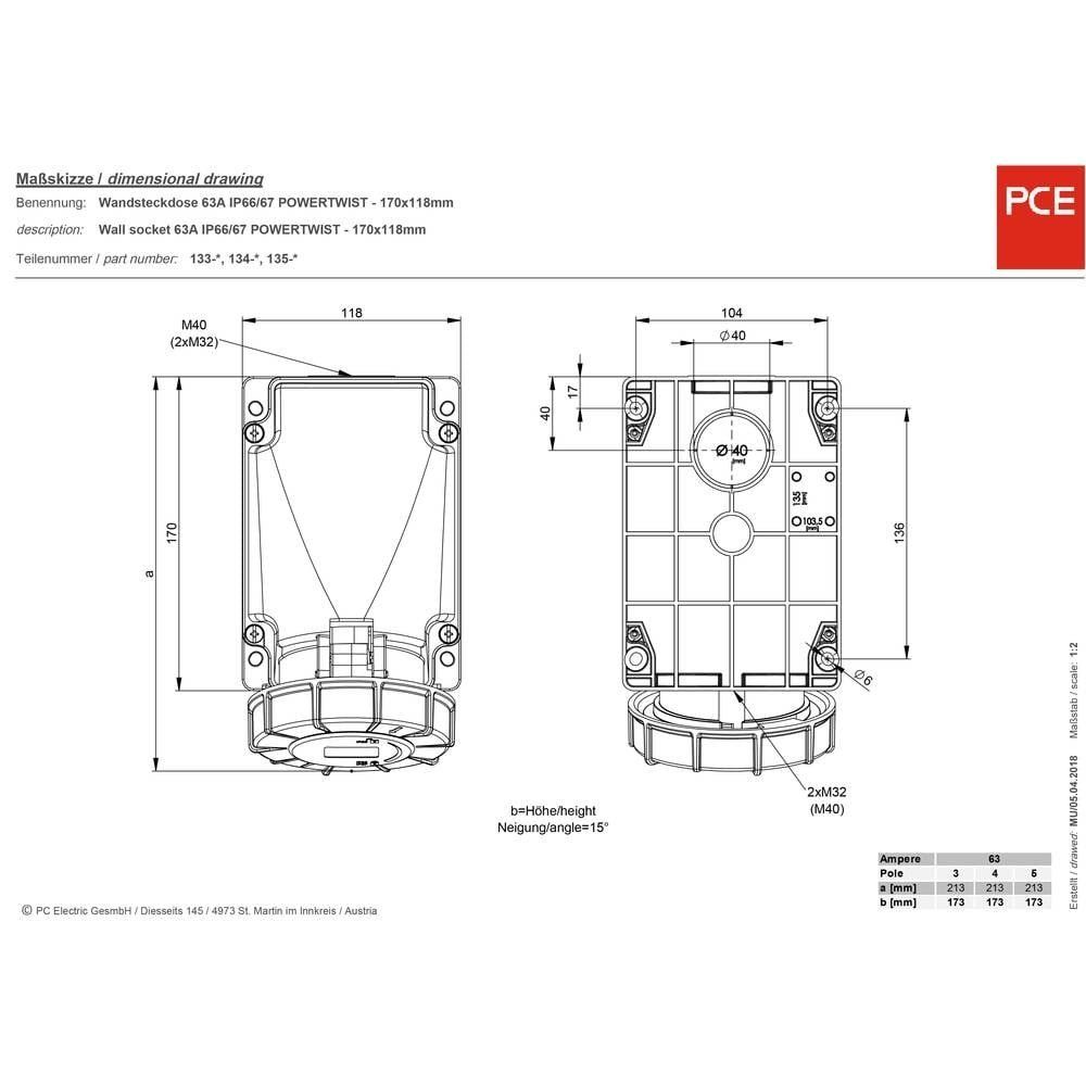 CEE Wandgerätestecker, Gerätestecker, 16A 5-pol.6h 380/400V, PCE 515-6