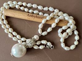 Geknüpfte Zucht-Perlen Long Kette 80 cm & schönem Anhänger
