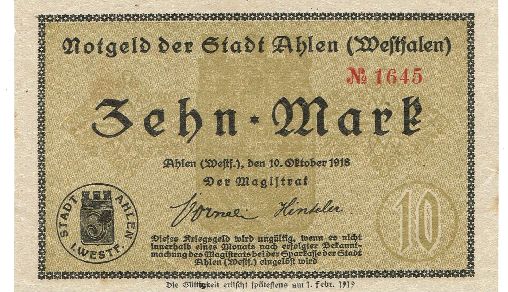 Banconote: Ahlen 10 Mark 10.10.1918 VZ+-VZ++ – Usato da Steffisburg venduto da ber_8htf