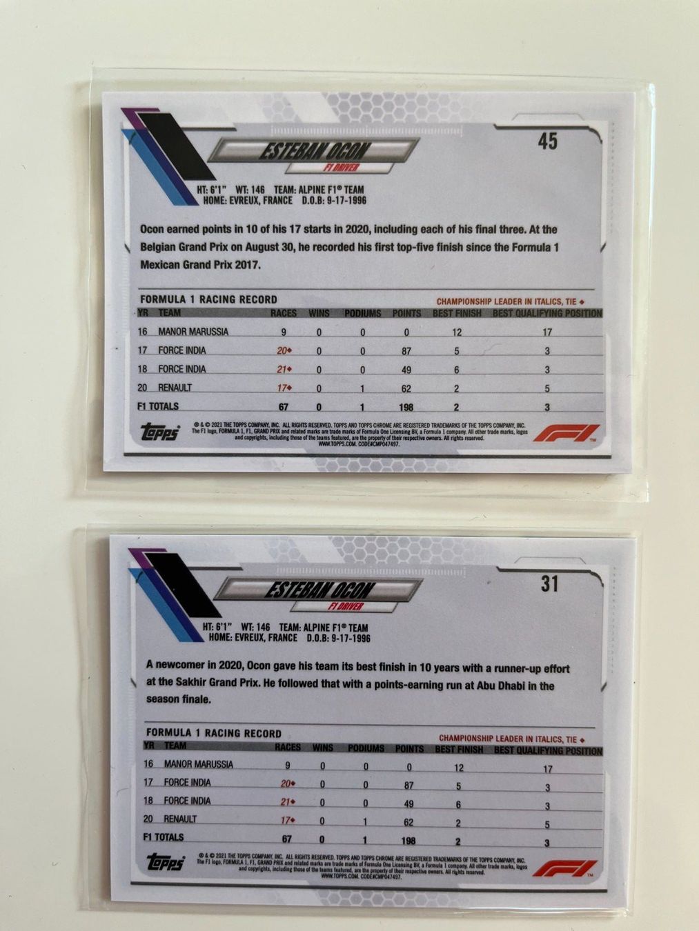 Topps Carte collezionabili: Esteban Ocon Topps Chrome 2021 Formula 1 Lot x 2 – Usato da Thun venduto da ladoppiaesse.cards 1